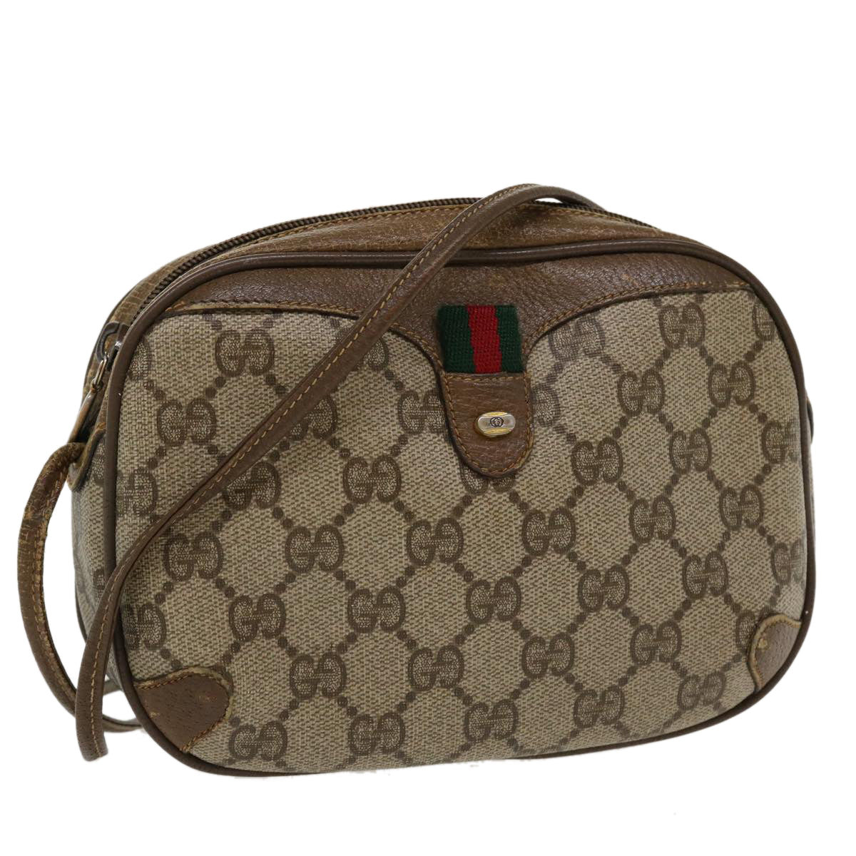 GUCCI GG Canvas Web Sherry Line Shoulder Bag PVC Leather Beige Red Auth th3355