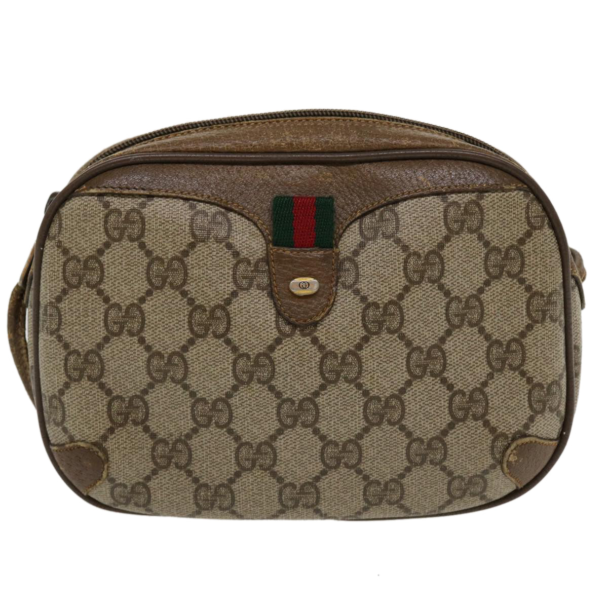 GUCCI GG Canvas Web Sherry Line Shoulder Bag PVC Leather Beige Red Auth th3355