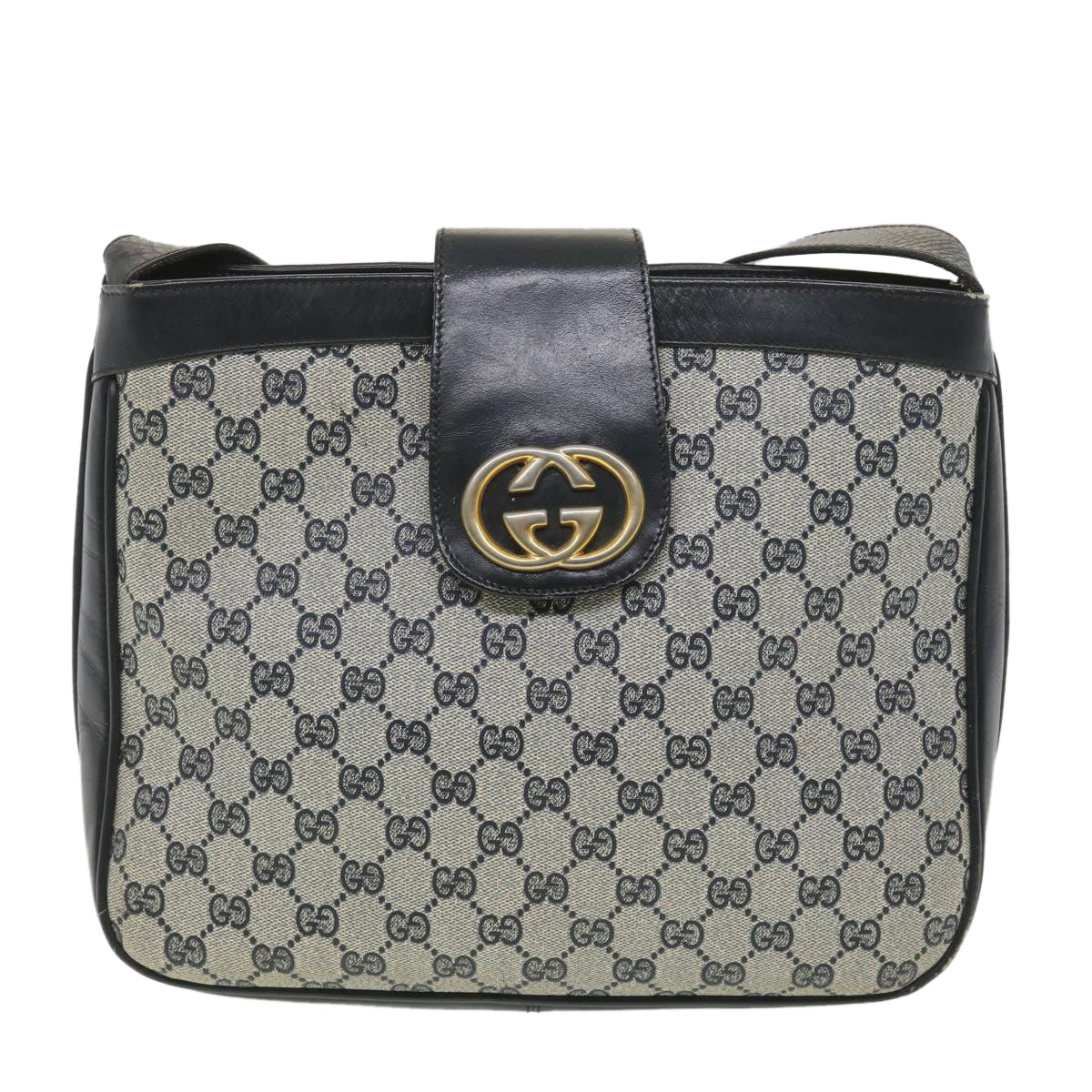 GUCCI GG Canvas Shoulder Bag PVC Leather Gray Navy Auth th3458