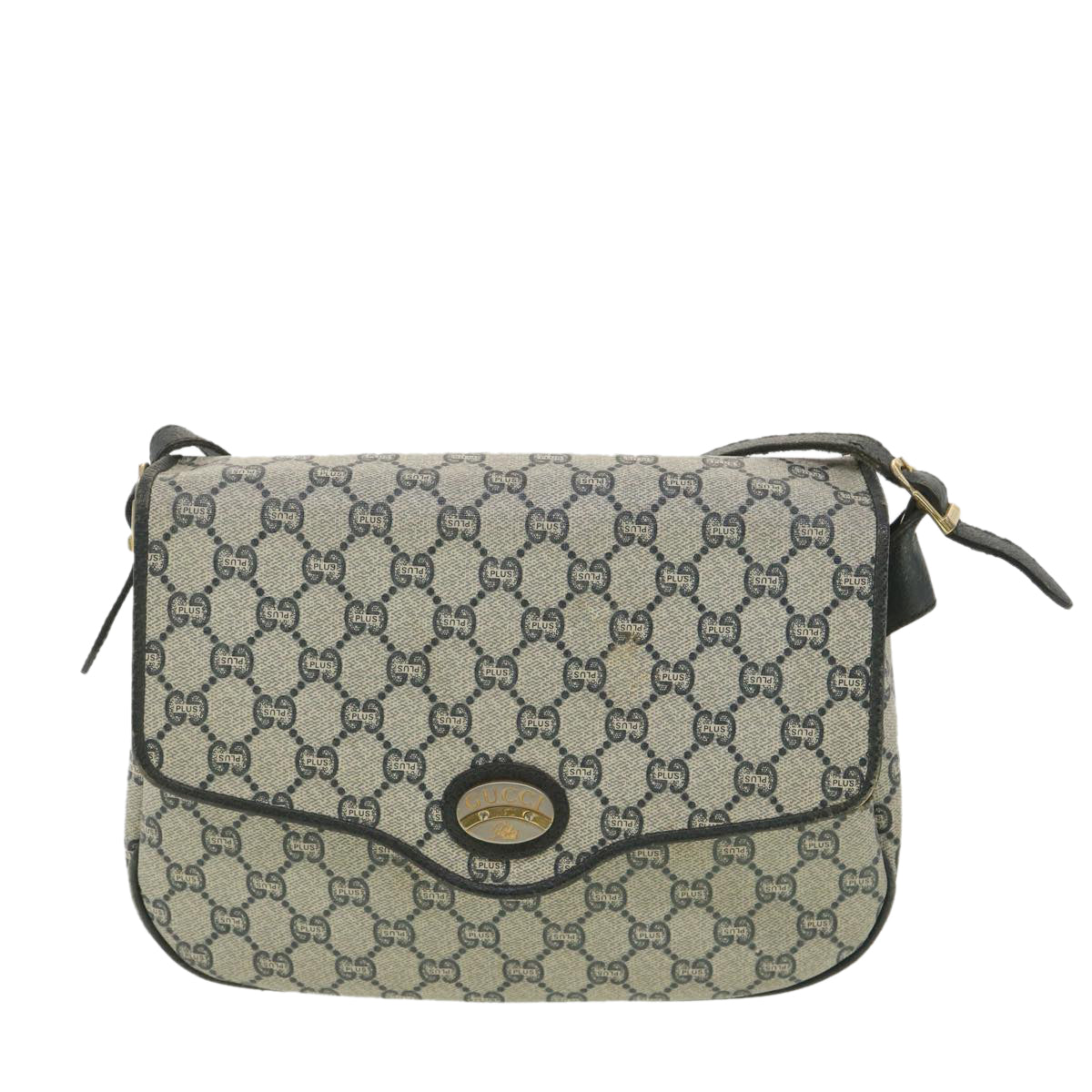 GUCCI GG Plus Canvas Shoulder Bag PVC Leather Gray Navy Auth th3486