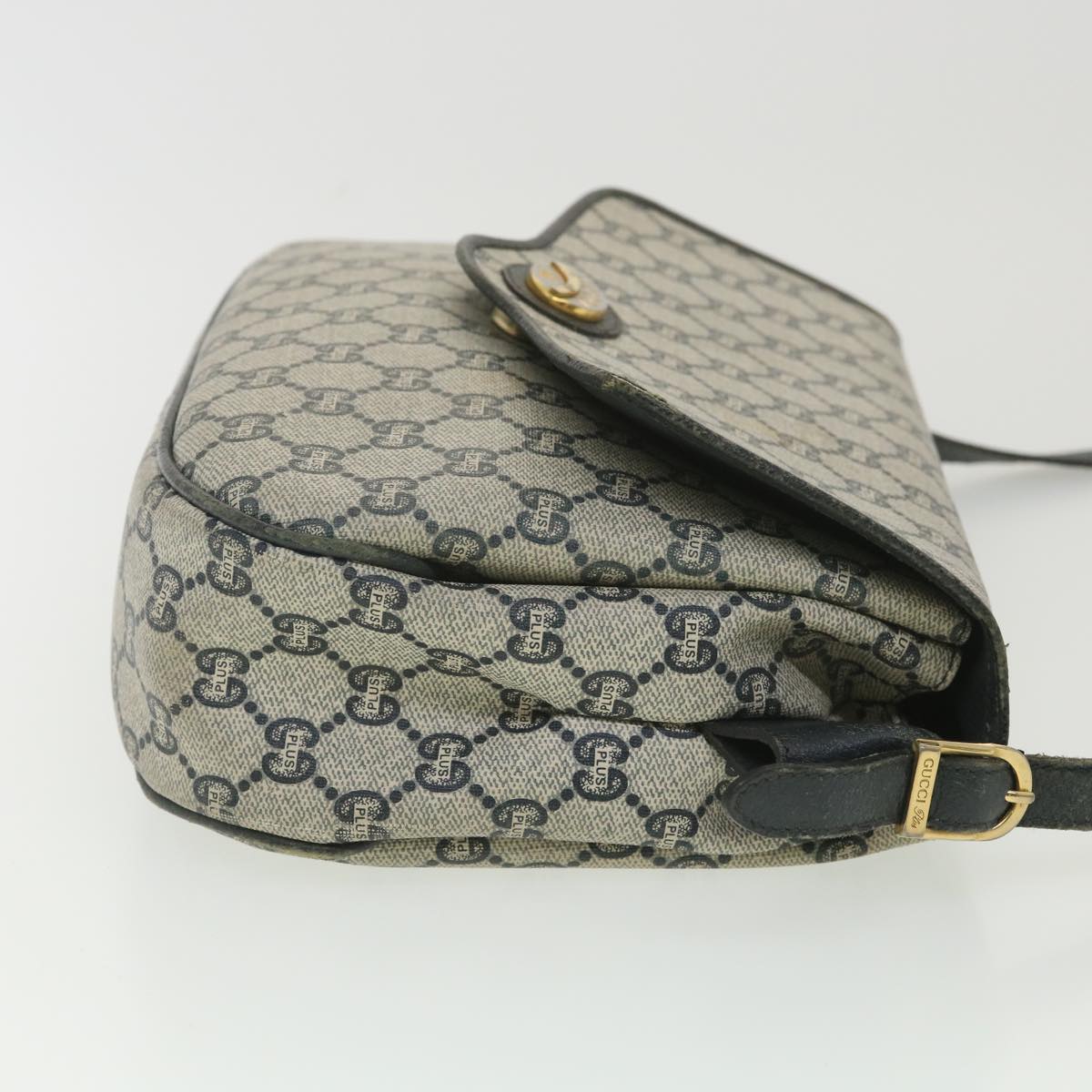 GUCCI GG Plus Canvas Shoulder Bag PVC Leather Gray Navy Auth th3486