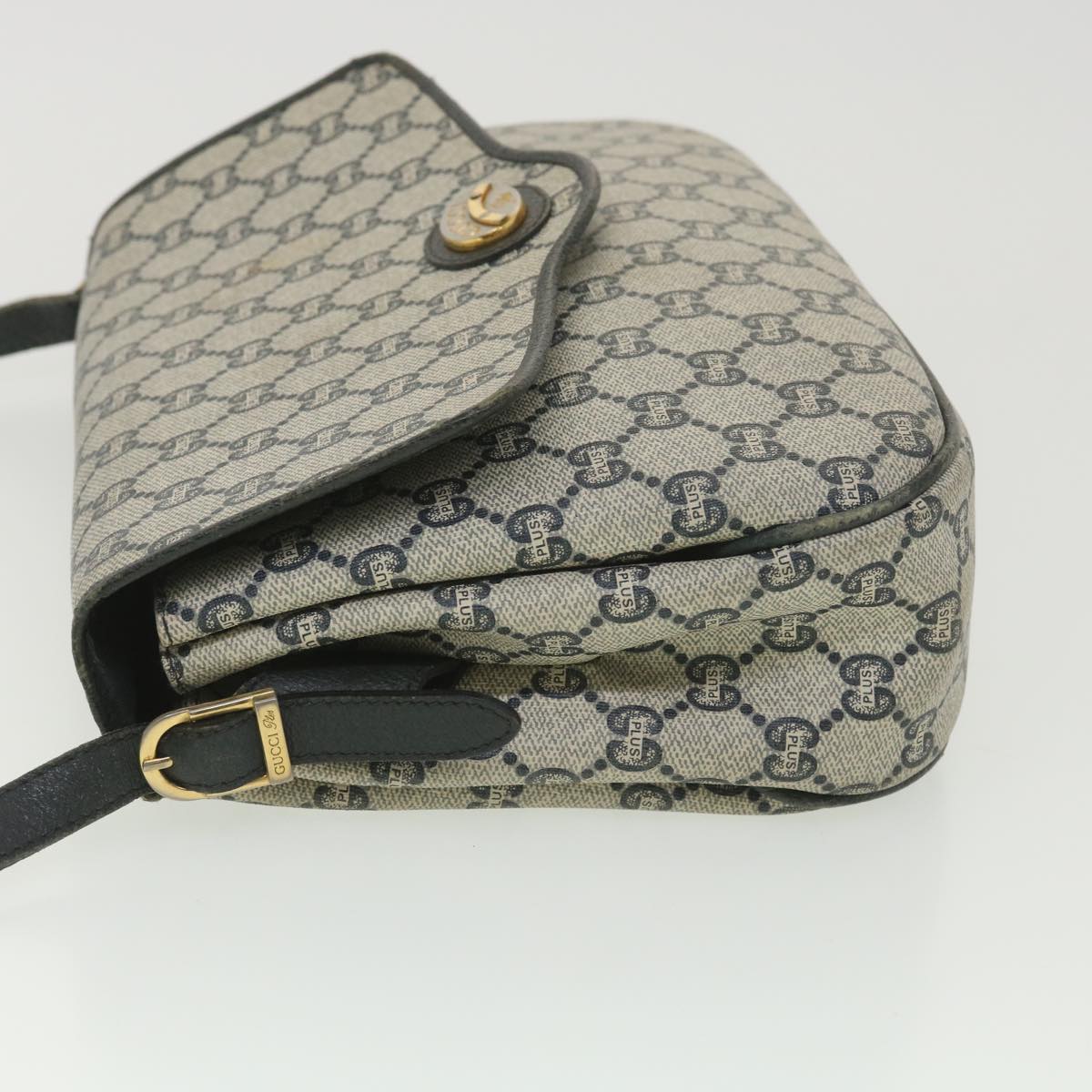 GUCCI GG Plus Canvas Shoulder Bag PVC Leather Gray Navy Auth th3486