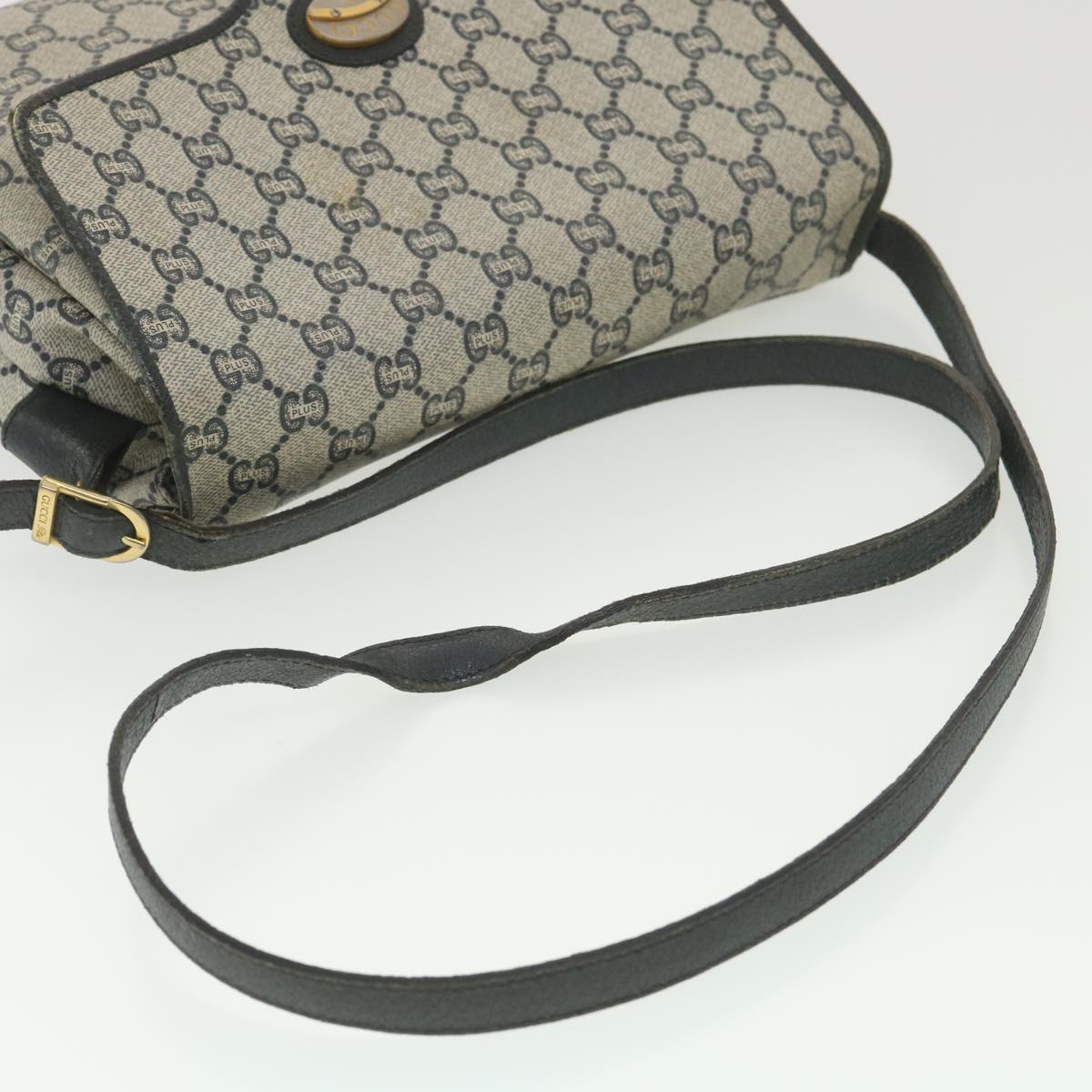 GUCCI GG Plus Canvas Shoulder Bag PVC Leather Gray Navy Auth th3486