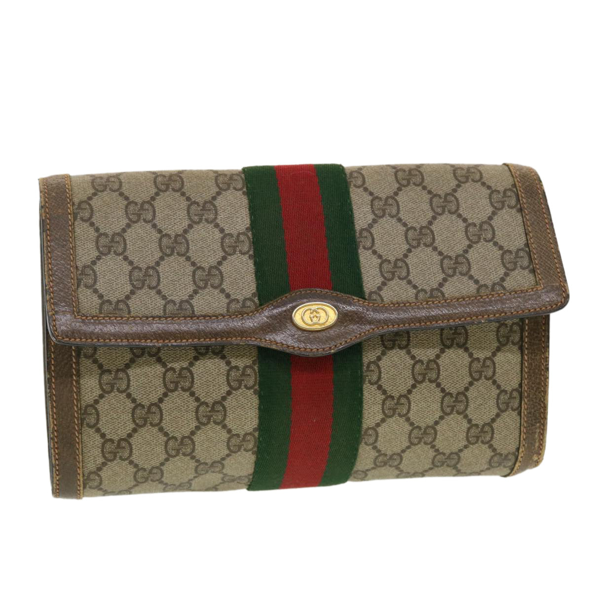 GUCCI GG Canvas Web Sherry Line Clutch Bag Beige Red Green 8901006 Auth th3548