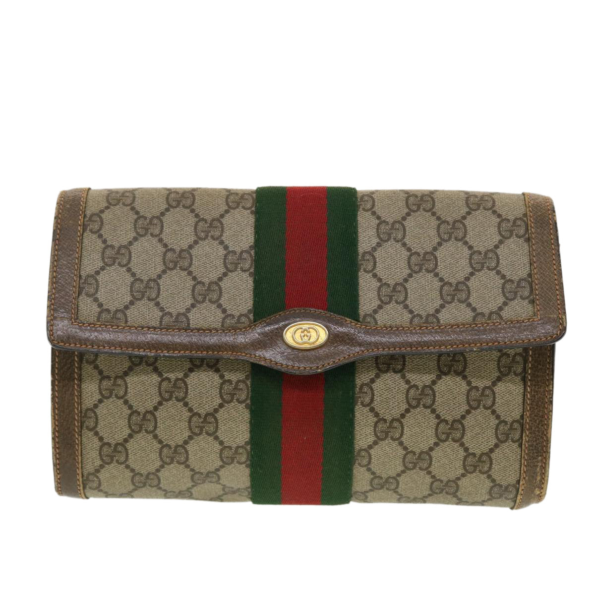 GUCCI GG Canvas Web Sherry Line Clutch Bag Beige Red Green 8901006 Auth th3548