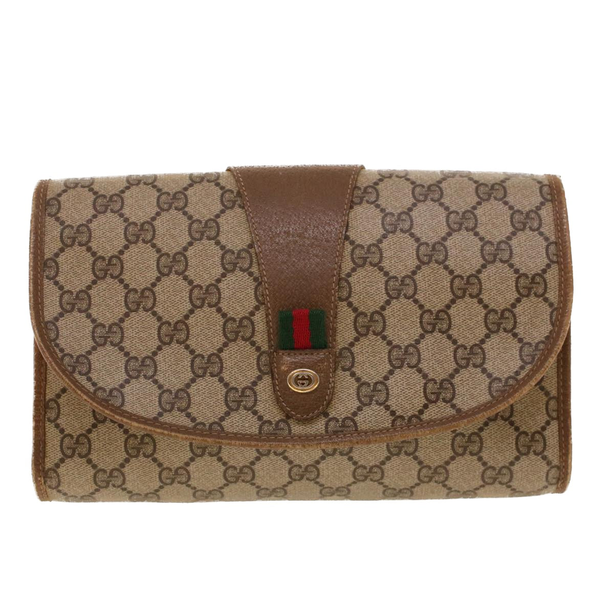 GUCCI GG Canvas Web Sherry Line Clutch Bag Beige Red Green 89.01.030 Auth th3599