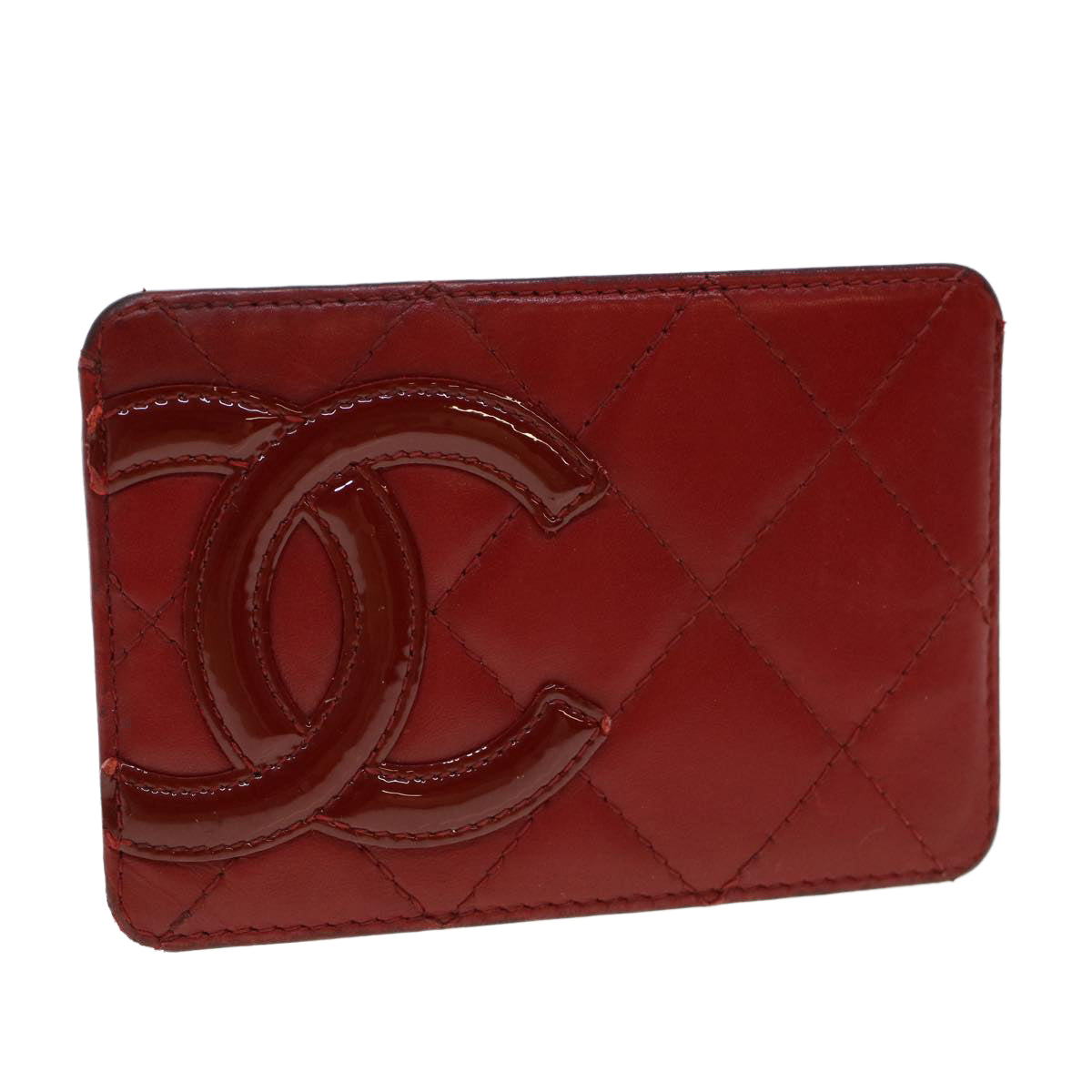 CHANEL Cambon Line Card Case Lamb Skin Red CC Auth th3642