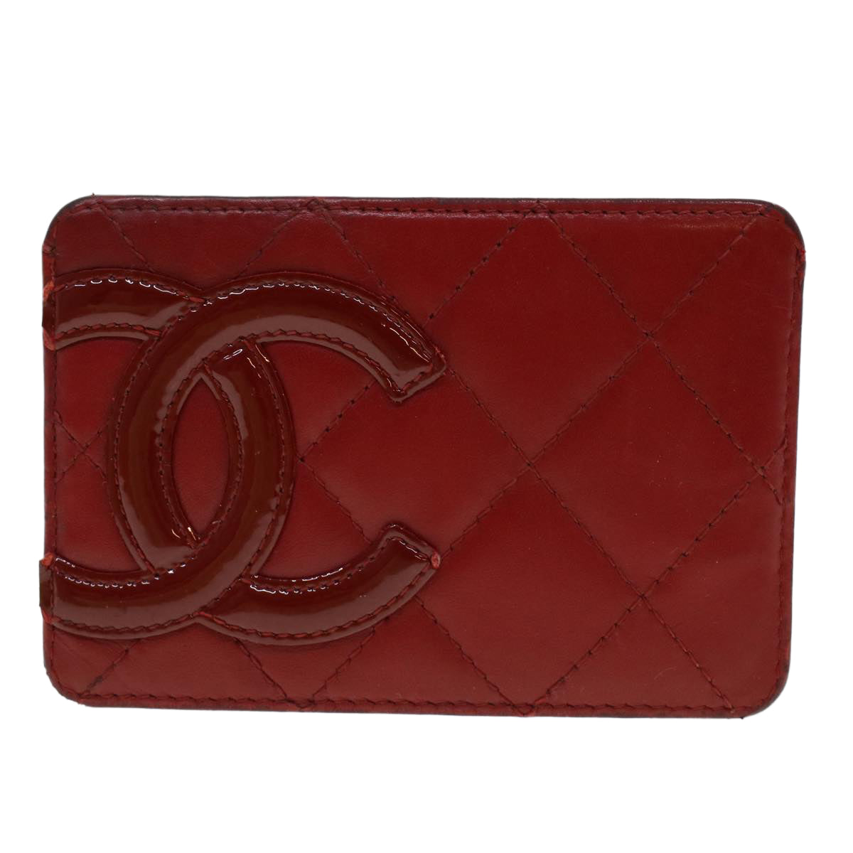 CHANEL Cambon Line Card Case Lamb Skin Red CC Auth th3642