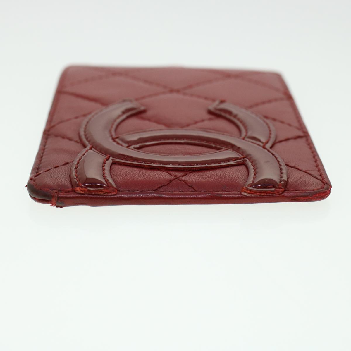 CHANEL Cambon Line Card Case Lamb Skin Red CC Auth th3642