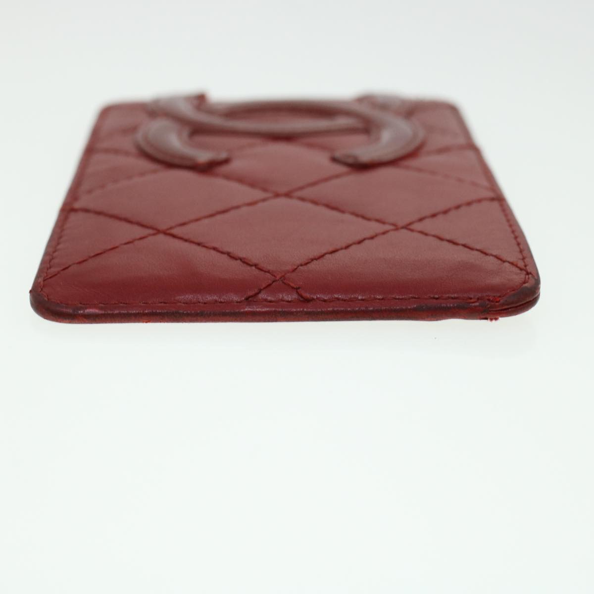 CHANEL Cambon Line Card Case Lamb Skin Red CC Auth th3642