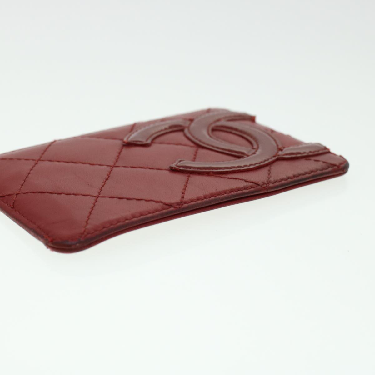 CHANEL Cambon Line Card Case Lamb Skin Red CC Auth th3642