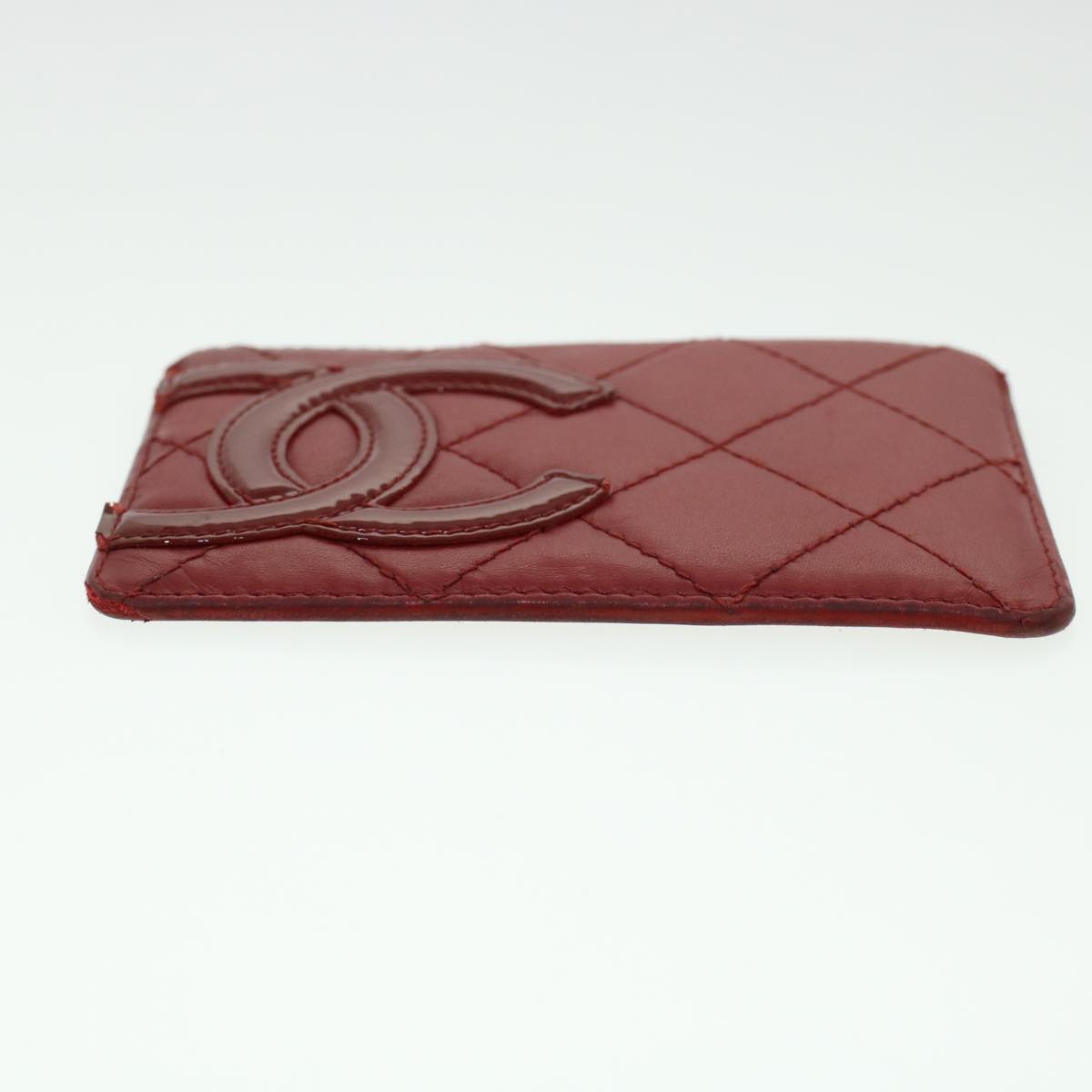 CHANEL Cambon Line Card Case Lamb Skin Red CC Auth th3642