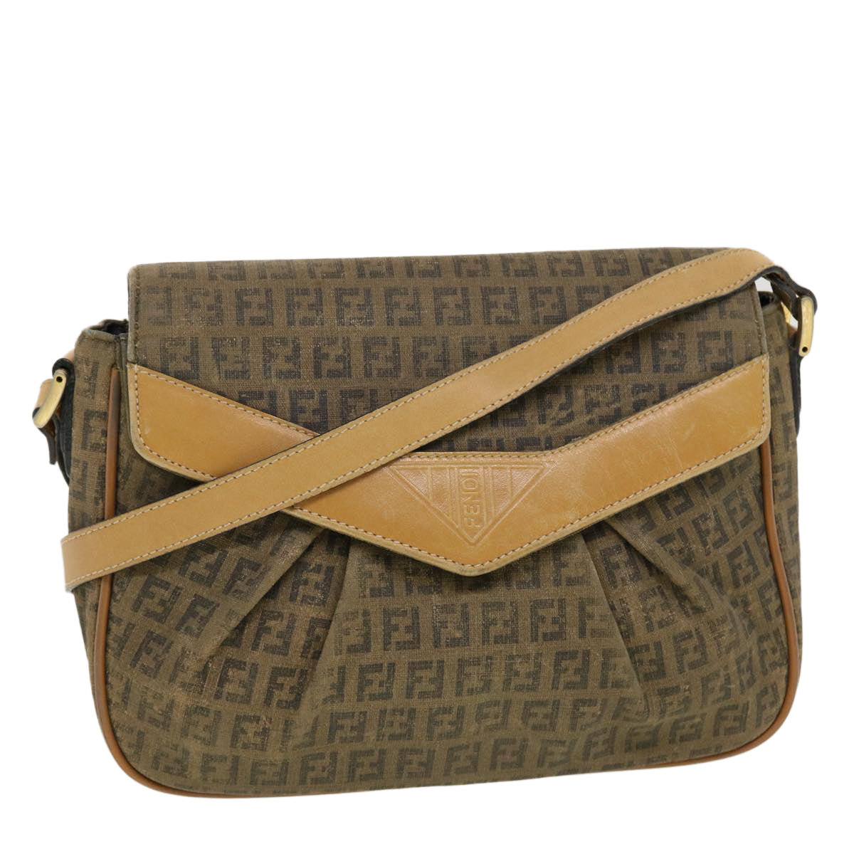 FENDI Zucchino Canvas Shoulder Bag Beige Auth th3653