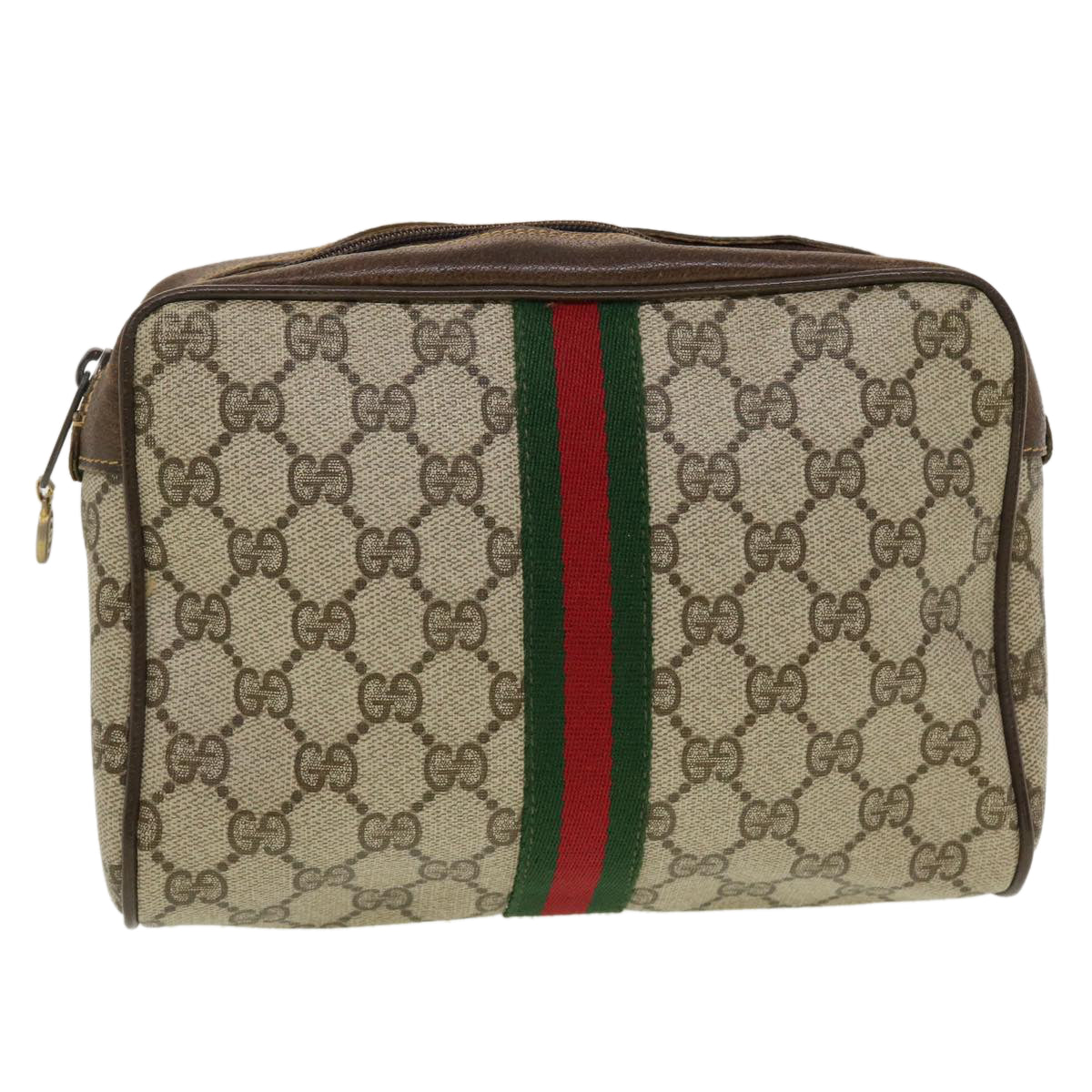 GUCCI GG Canvas Web Sherry Line Clutch Bag PVC Leather Beige Red Green th3665