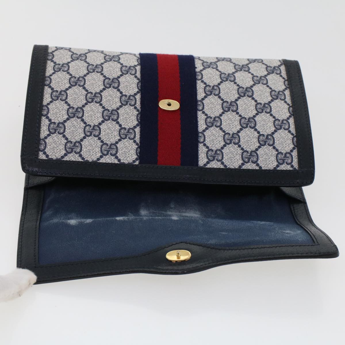 GUCCI GG Canvas Sherry Line Clutch Bag PVC Leather Gray Red Navy Auth th3692