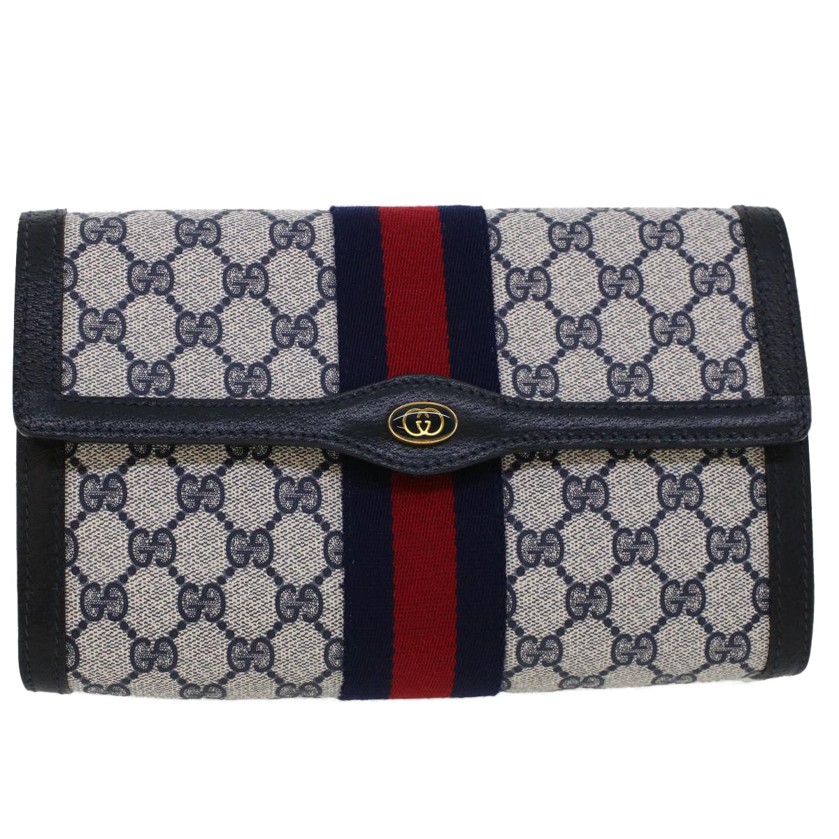 GUCCI GG Canvas Sherry Line Clutch Bag PVC Leather Gray Red Navy Auth th3692