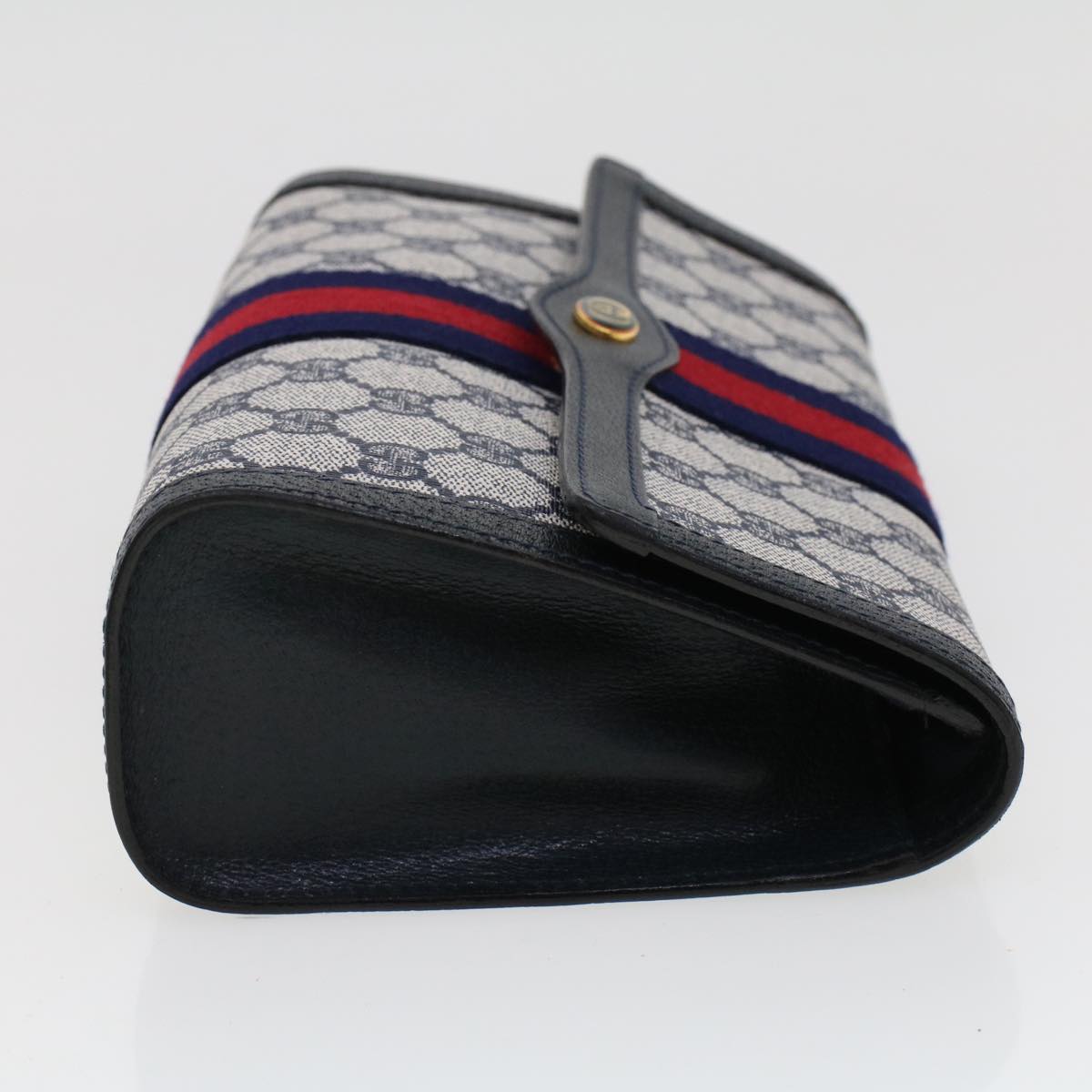 GUCCI GG Canvas Sherry Line Clutch Bag PVC Leather Gray Red Navy Auth th3692