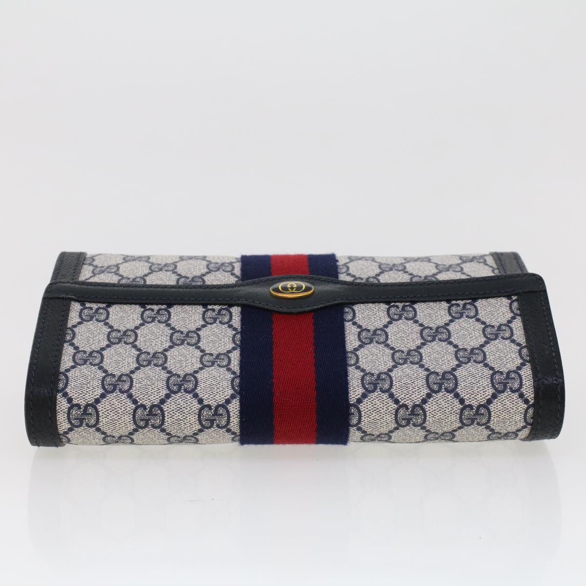 GUCCI GG Canvas Sherry Line Clutch Bag PVC Leather Gray Red Navy Auth th3692