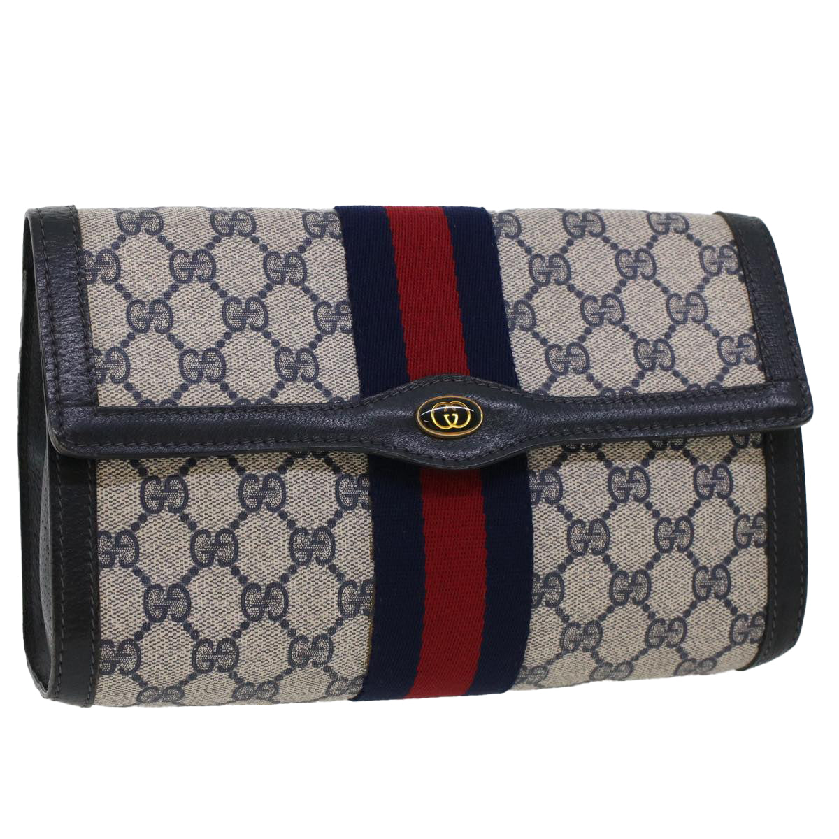 GUCCI GG Canvas Sherry Line Clutch Bag PVC Leather Gray Red Navy Auth th3693