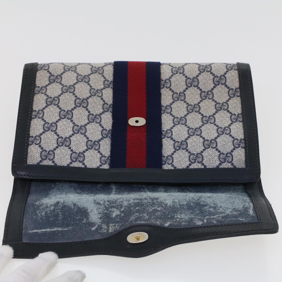 GUCCI GG Canvas Sherry Line Clutch Bag PVC Leather Gray Red Navy Auth th3693