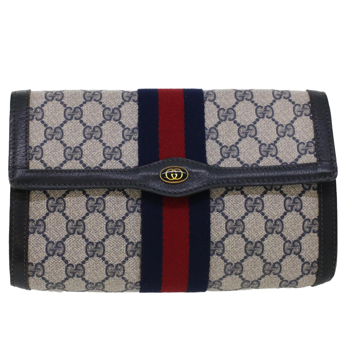 GUCCI GG Canvas Sherry Line Clutch Bag PVC Leather Gray Red Navy Auth th3693