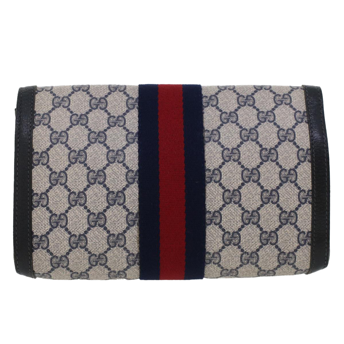 GUCCI GG Canvas Sherry Line Clutch Bag PVC Leather Gray Red Navy Auth th3693