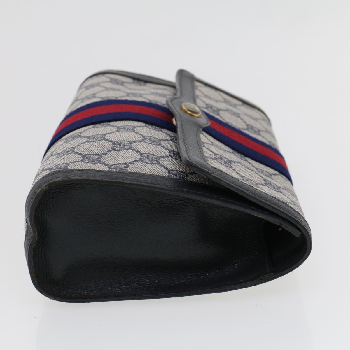 GUCCI GG Canvas Sherry Line Clutch Bag PVC Leather Gray Red Navy Auth th3693