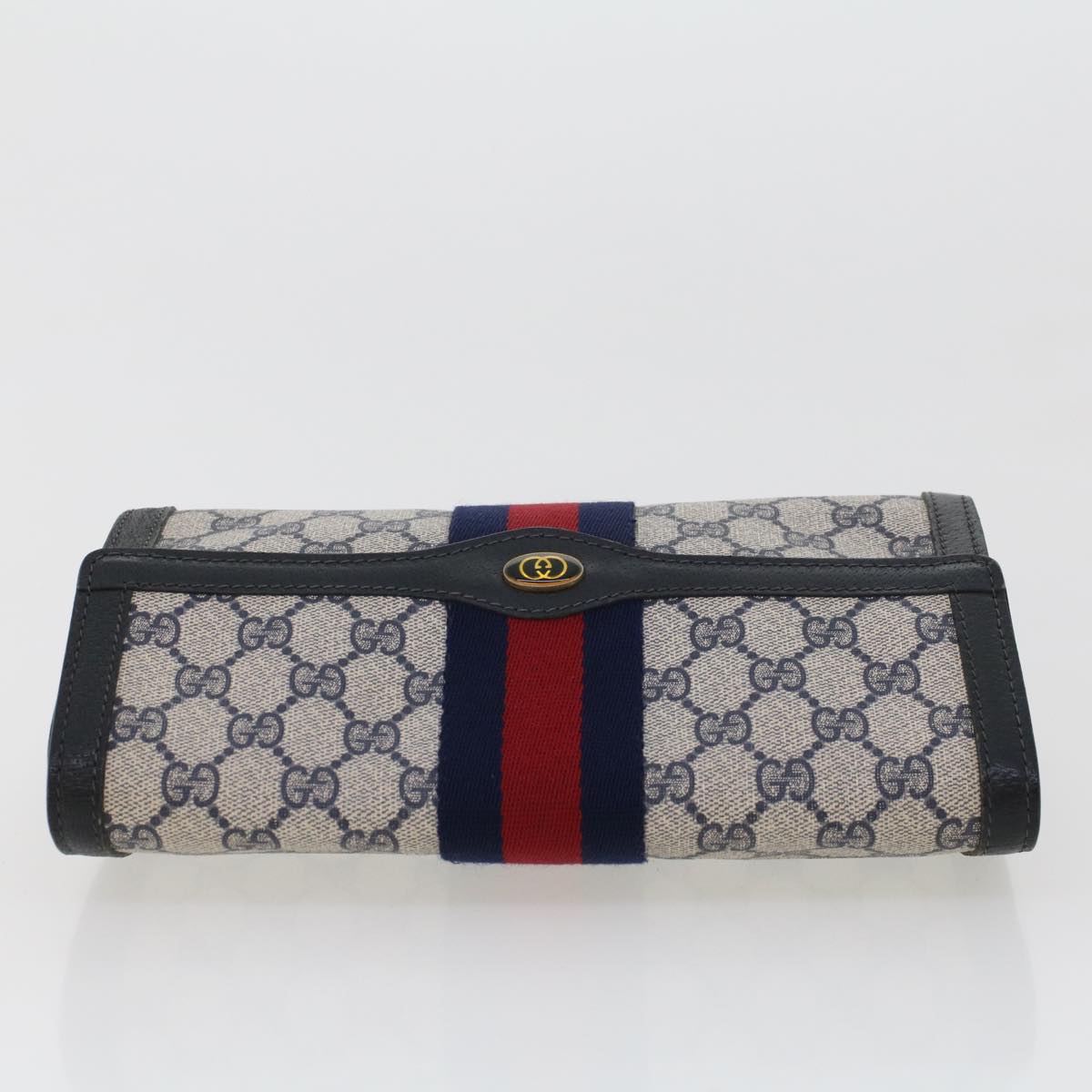 GUCCI GG Canvas Sherry Line Clutch Bag PVC Leather Gray Red Navy Auth th3693