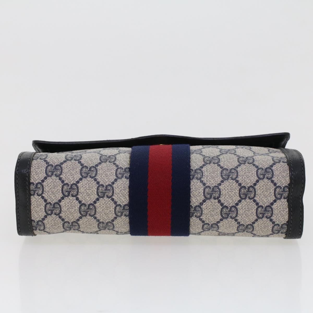 GUCCI GG Canvas Sherry Line Clutch Bag PVC Leather Gray Red Navy Auth th3693