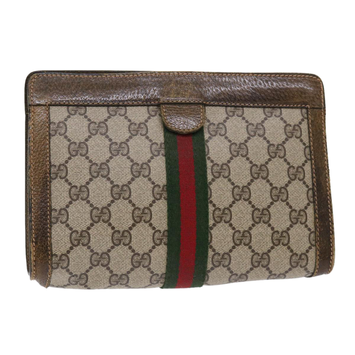 GUCCI GG Canvas Web Sherry Line Clutch Bag Beige Red 67•014•2125 Auth th3776