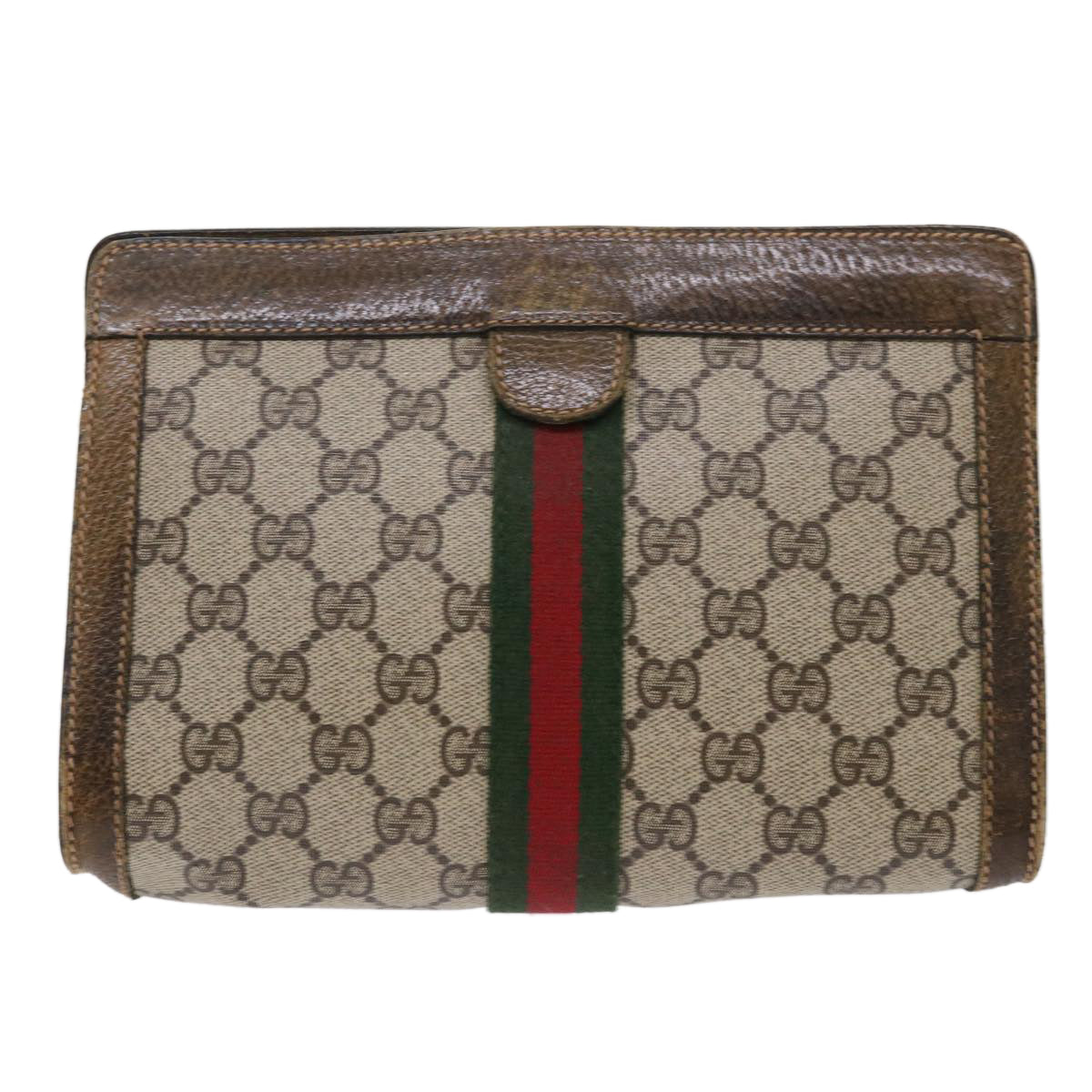 GUCCI GG Canvas Web Sherry Line Clutch Bag Beige Red 67•014•2125 Auth th3776