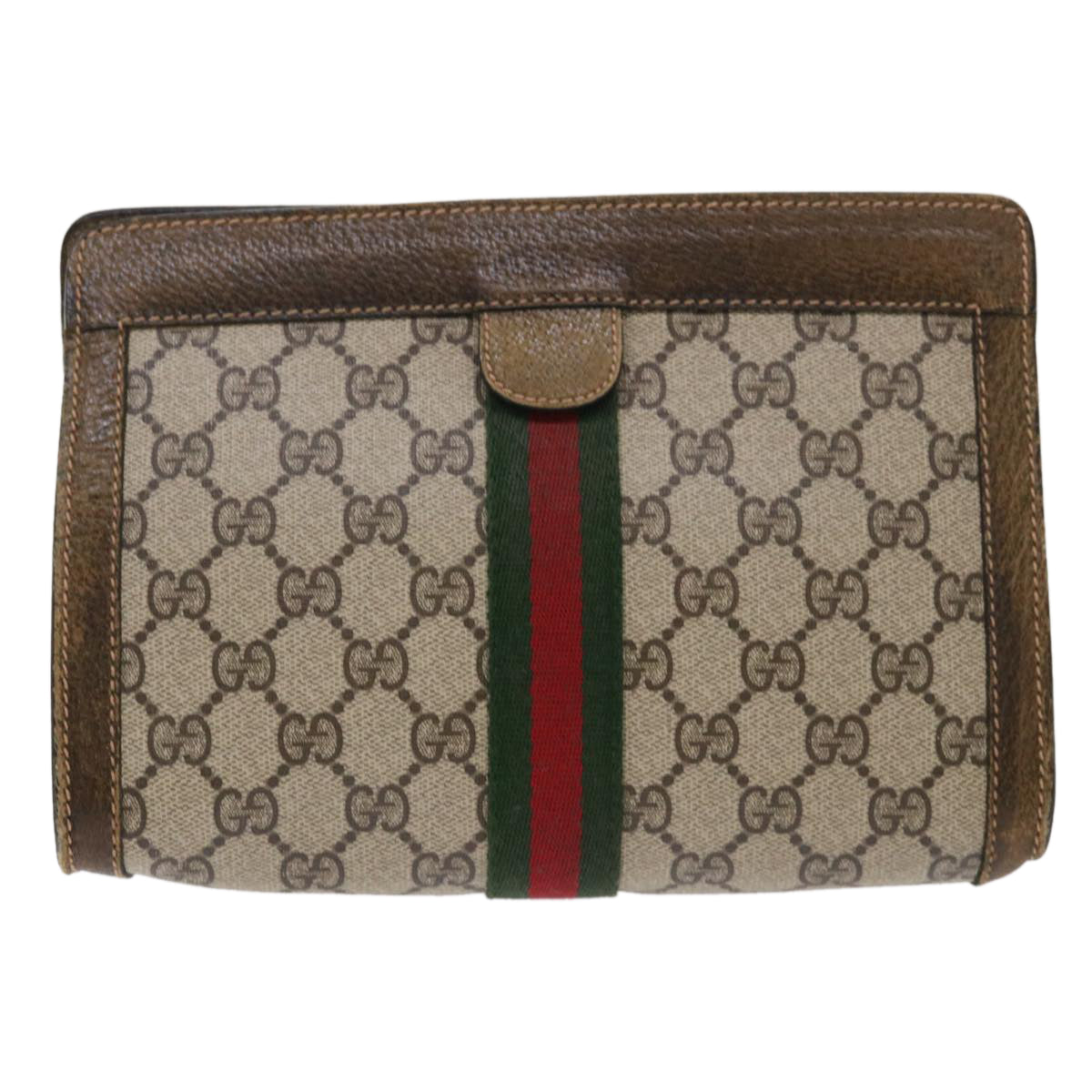 GUCCI GG Canvas Web Sherry Line Clutch Bag Beige Red 67•014•2125 Auth th3776 - 0