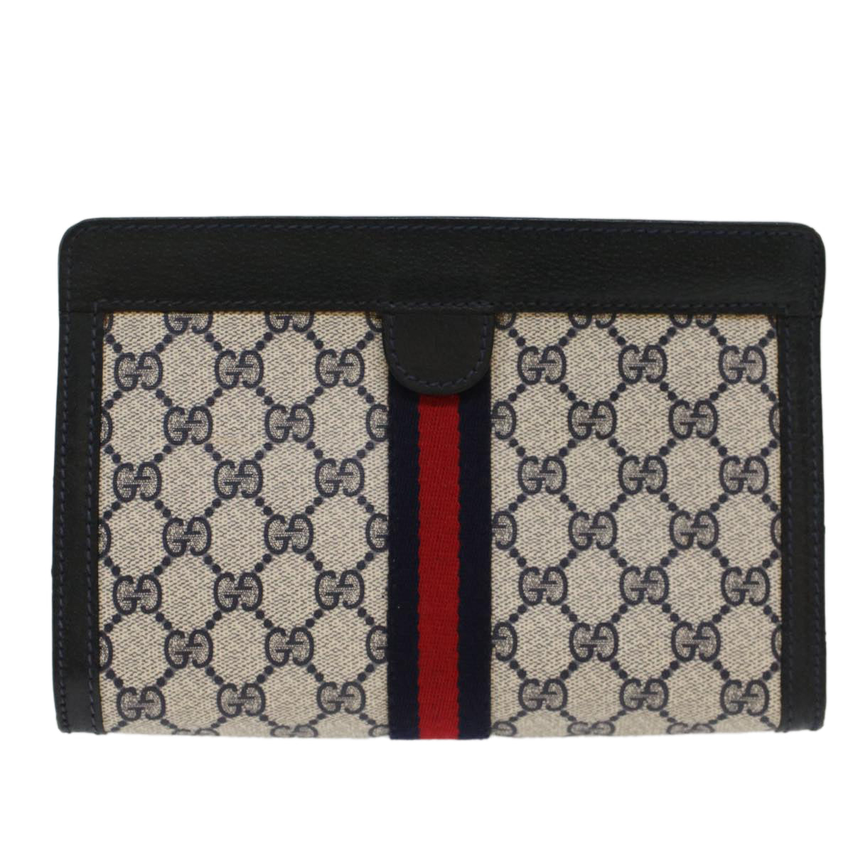 GUCCI GG Canvas Sherry Line Clutch Bag PVC Leather Gray Red Navy Auth th3819