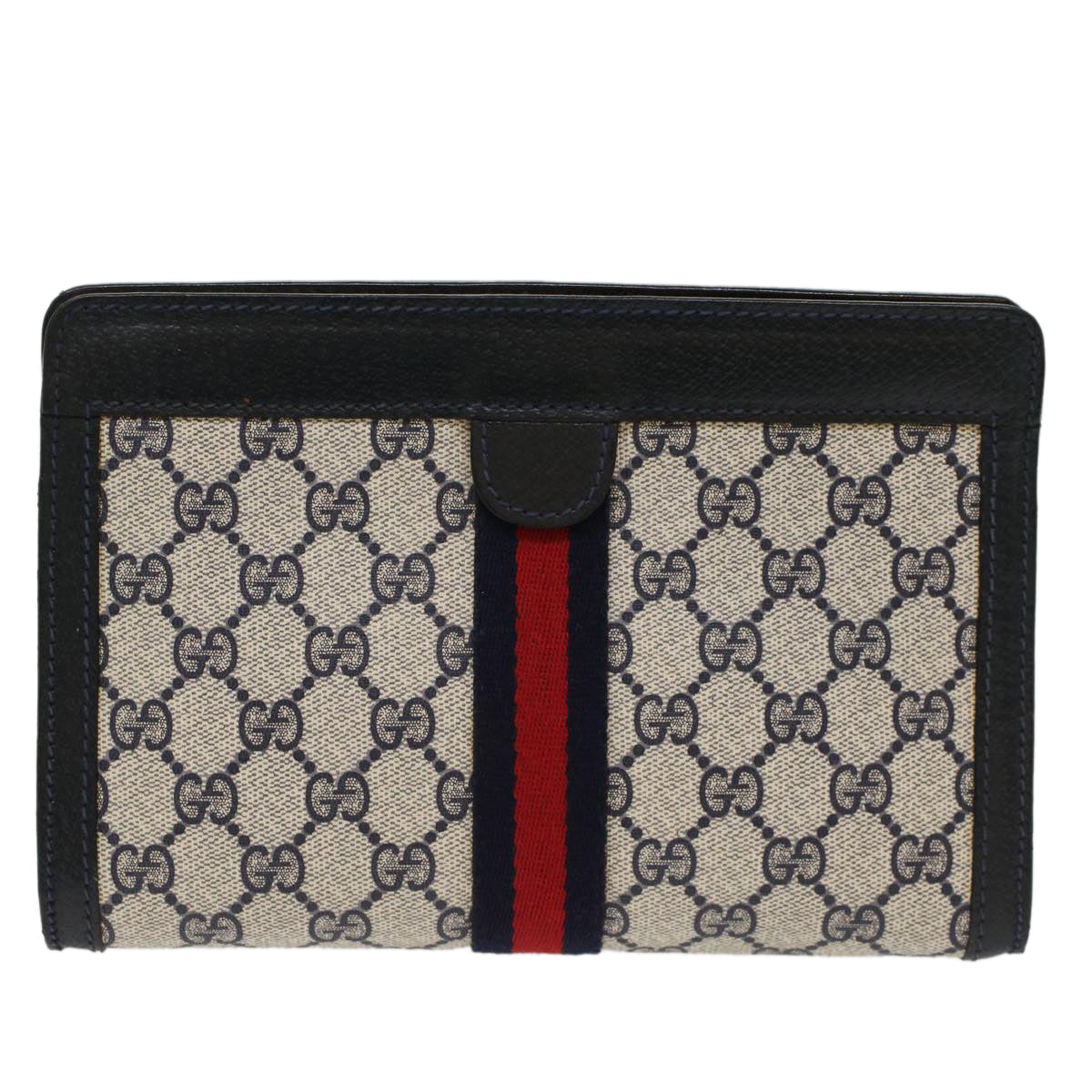 GUCCI GG Canvas Sherry Line Clutch Bag PVC Leather Gray Red Navy Auth th3819 - 0