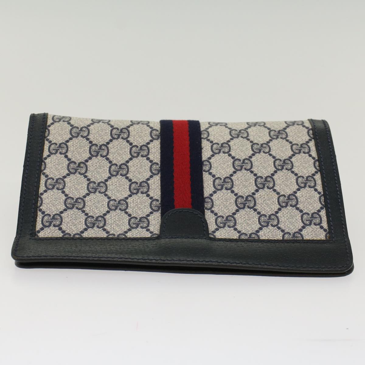 GUCCI GG Canvas Sherry Line Clutch Bag PVC Leather Gray Red Navy Auth th3819