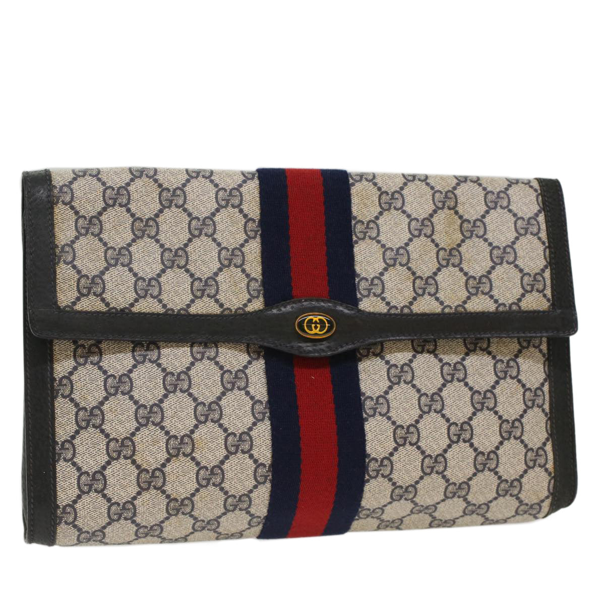 GUCCI GG Canvas Sherry Line Clutch Bag PVC Leather Red Navy gray Auth th3865