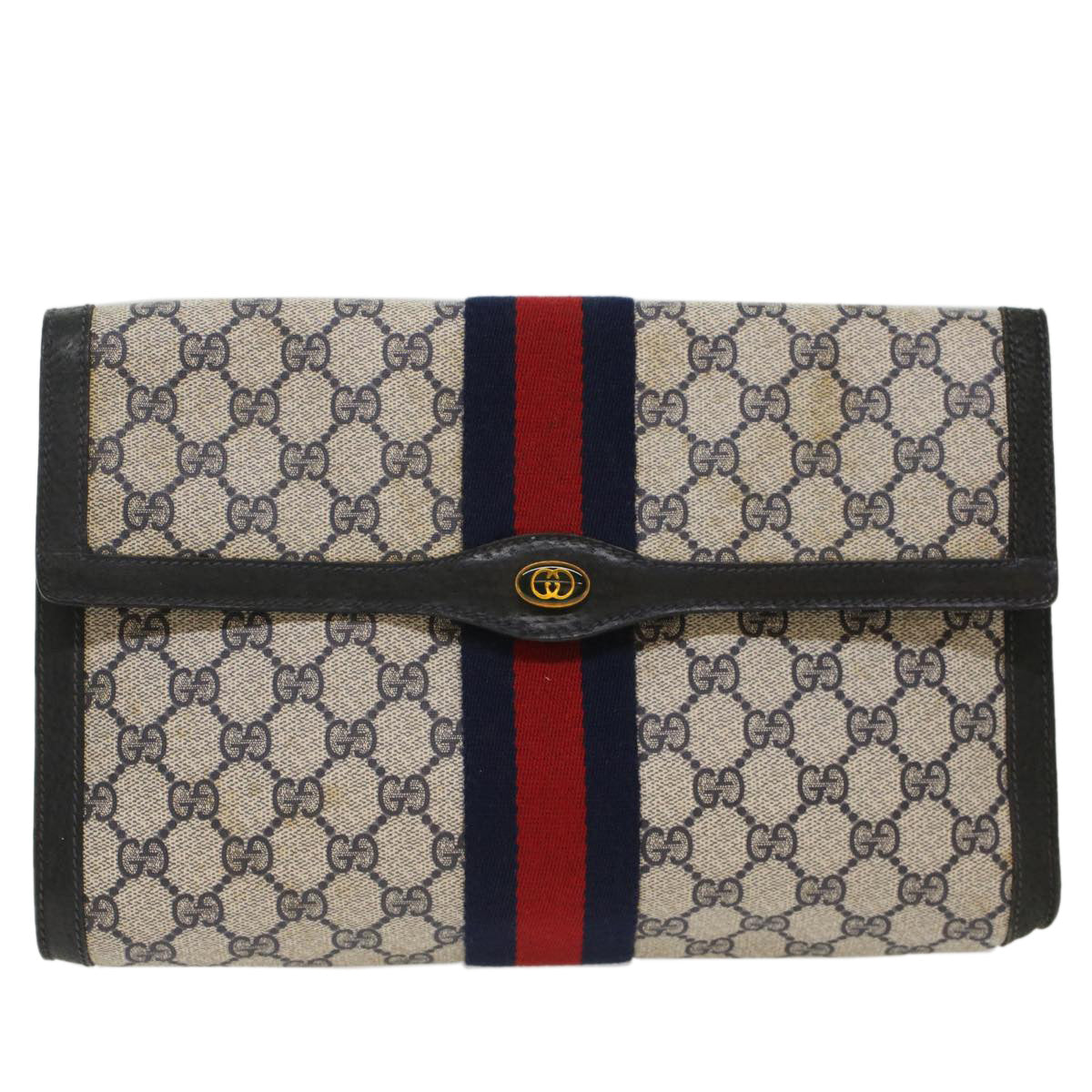 GUCCI GG Canvas Sherry Line Clutch Bag PVC Leather Red Navy gray Auth th3865