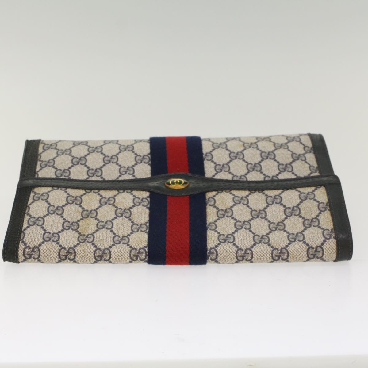 GUCCI GG Canvas Sherry Line Clutch Bag PVC Leather Red Navy gray Auth th3865