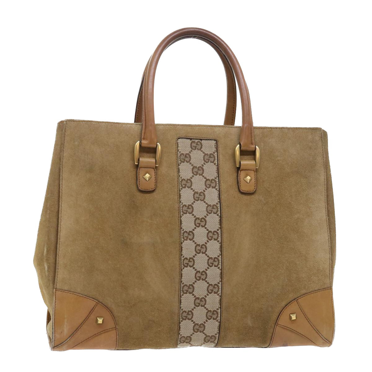 GUCCI GG Canvas Hand Bag Suede Beige 120897 Auth th3960