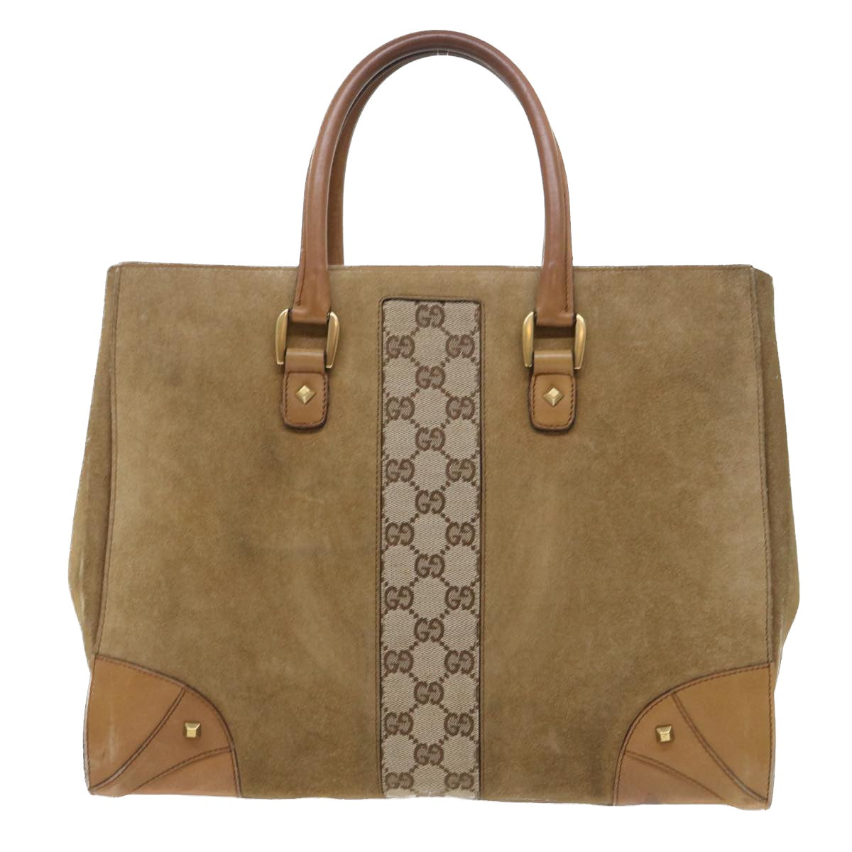 GUCCI GG Canvas Hand Bag Suede Beige 120897 Auth th3960