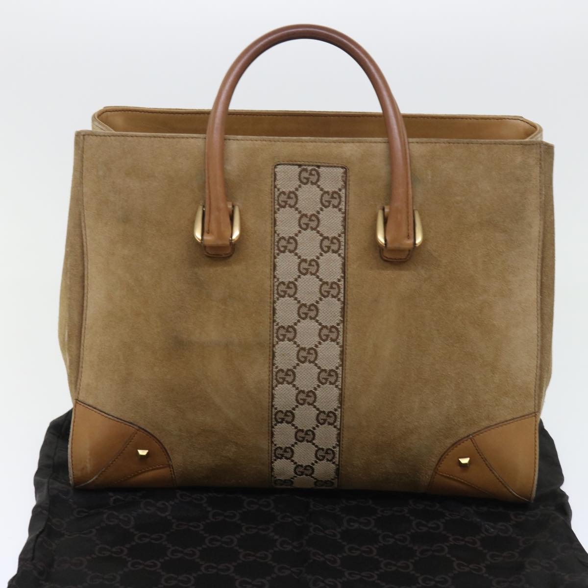 GUCCI GG Canvas Hand Bag Suede Beige 120897 Auth th3960