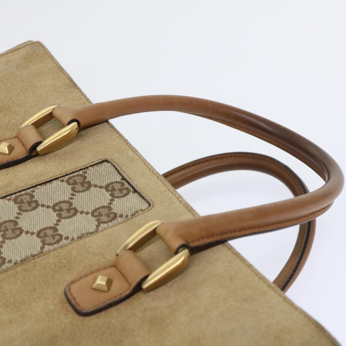 GUCCI GG Canvas Hand Bag Suede Beige 120897 Auth th3960