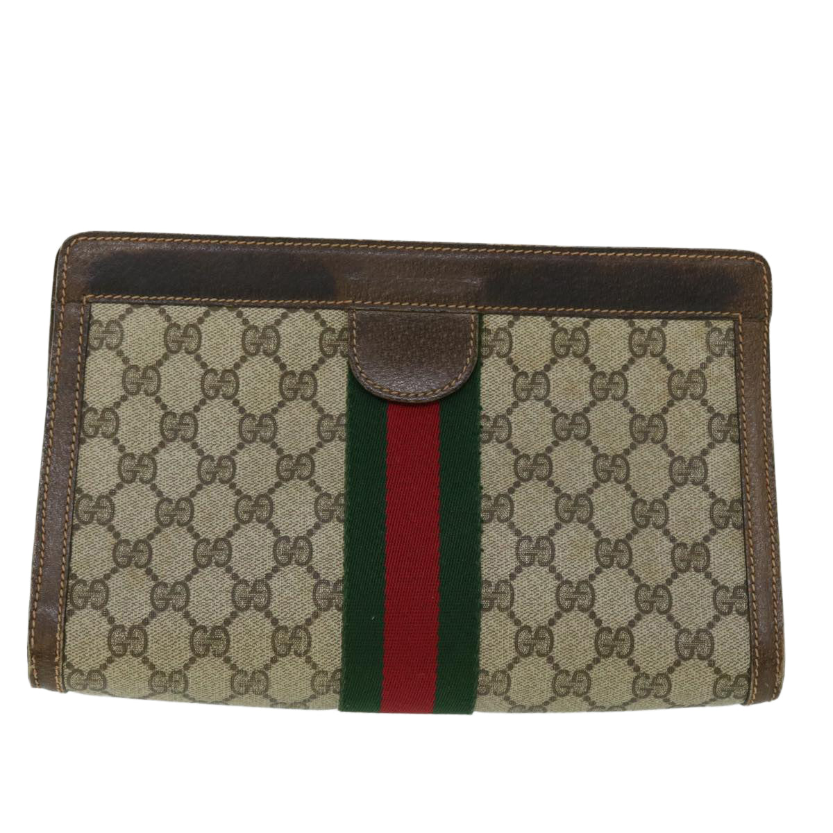 GUCCI GG Canvas Web Sherry Line Clutch Bag PVC Leather Beige Red Auth th4012