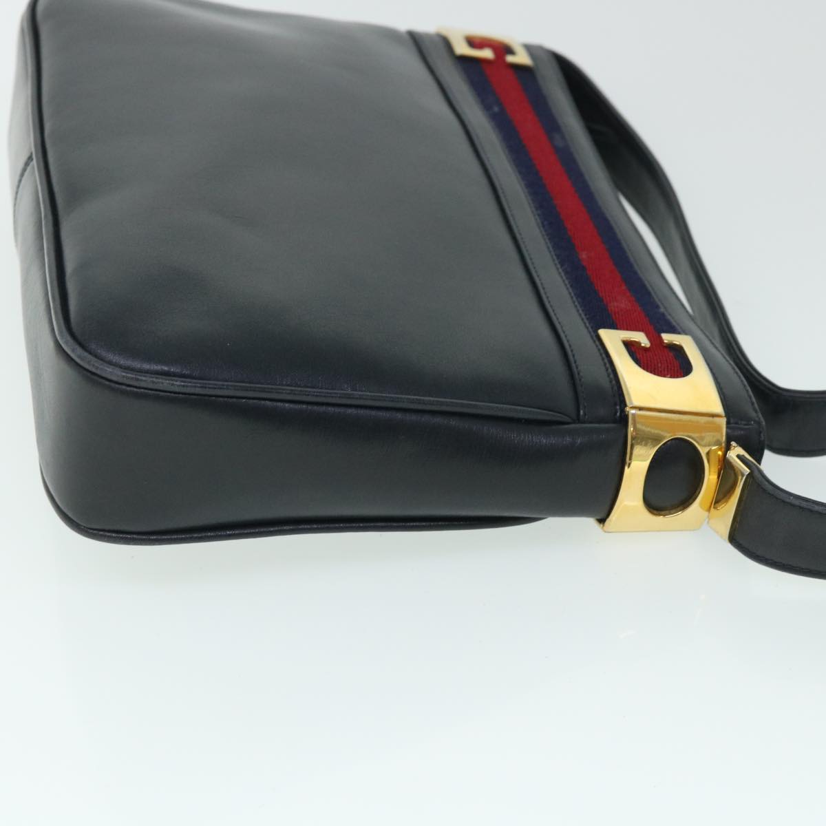 GUCCI Sherry Line Shoulder Bag Leather Black Red Navy Auth th4022