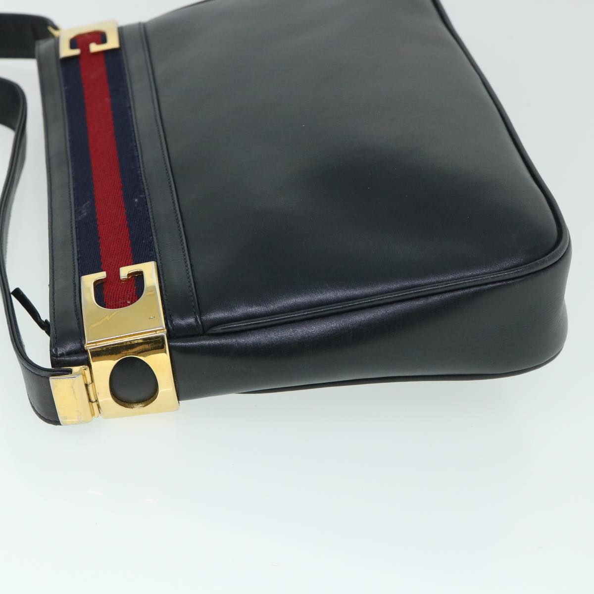 GUCCI Sherry Line Shoulder Bag Leather Black Red Navy Auth th4022