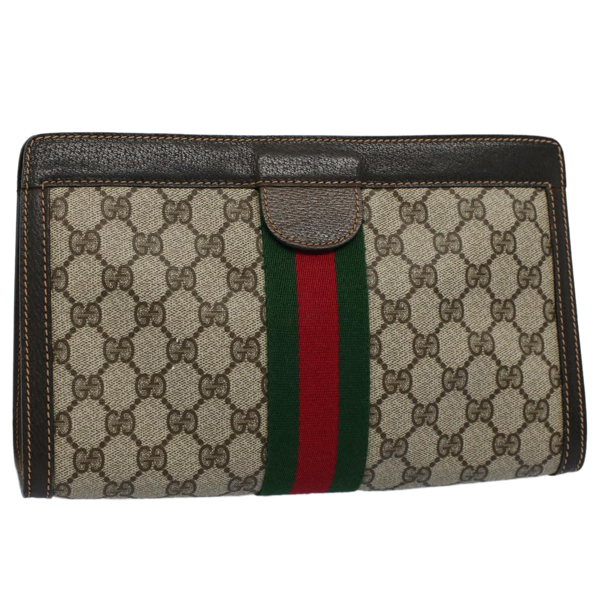 GUCCI GG Canvas Web Sherry Line Clutch Bag PVC Leather Beige Red Auth th4035