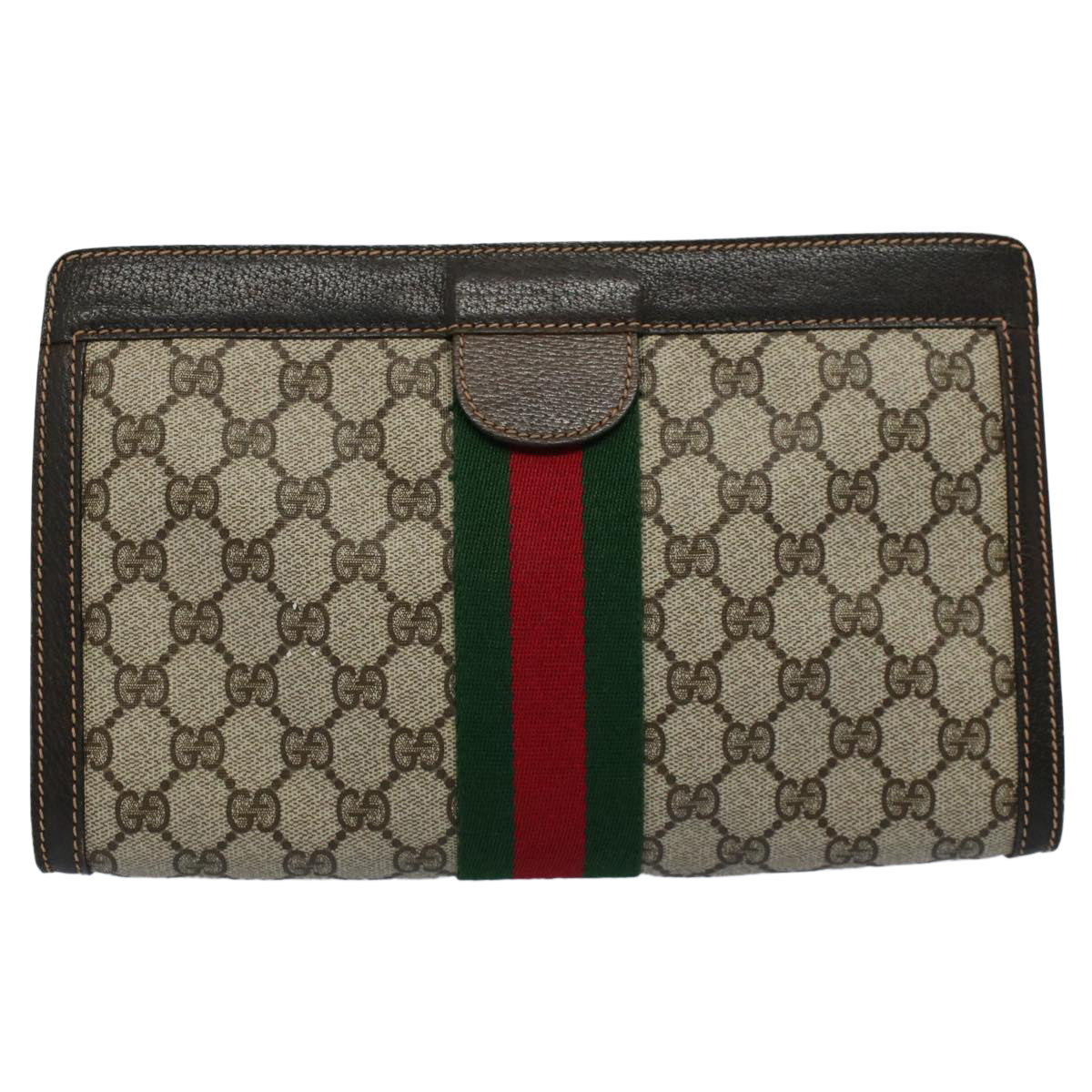 GUCCI GG Canvas Web Sherry Line Clutch Bag PVC Leather Beige Red Auth th4035