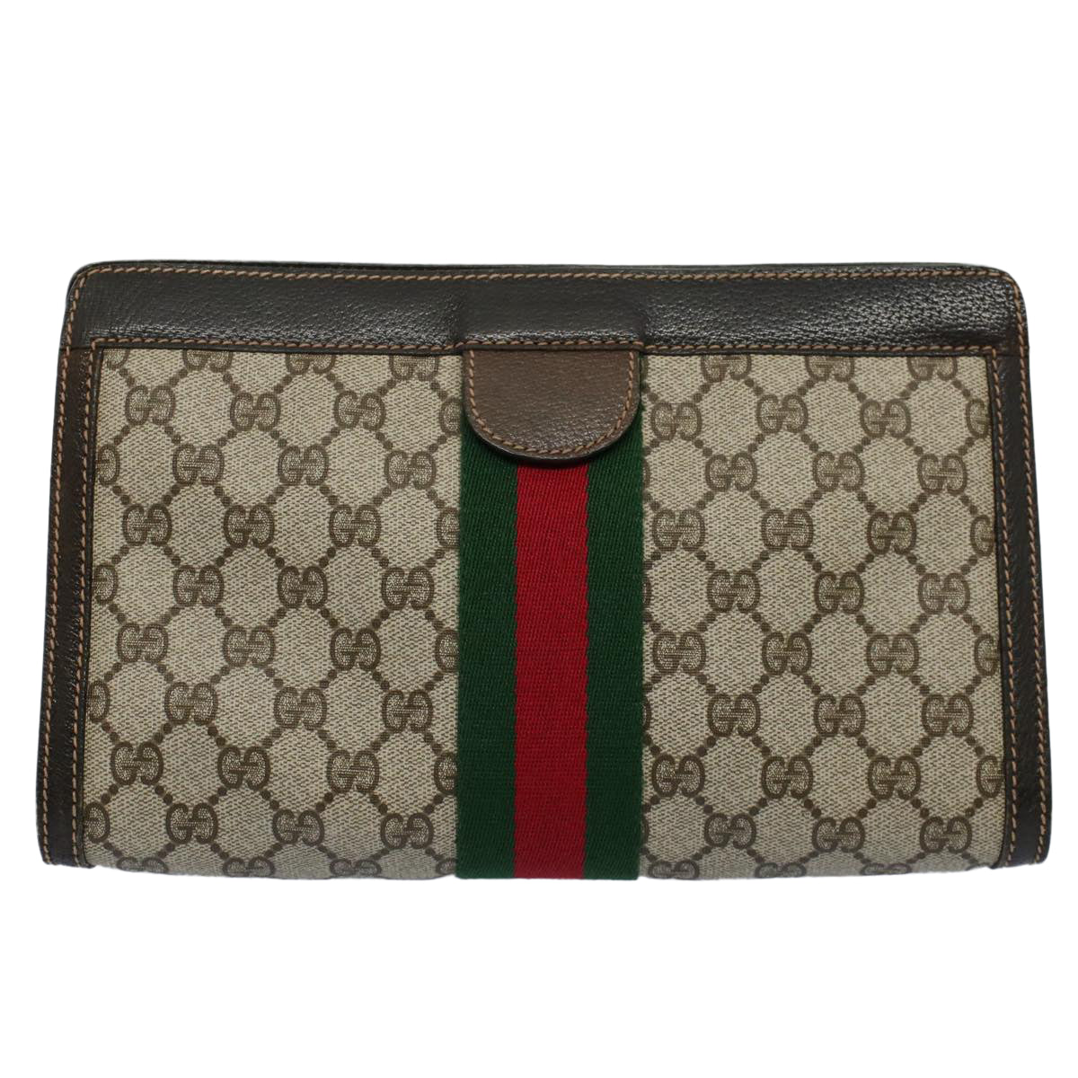 GUCCI GG Canvas Web Sherry Line Clutch Bag PVC Leather Beige Red Auth th4035 - 0