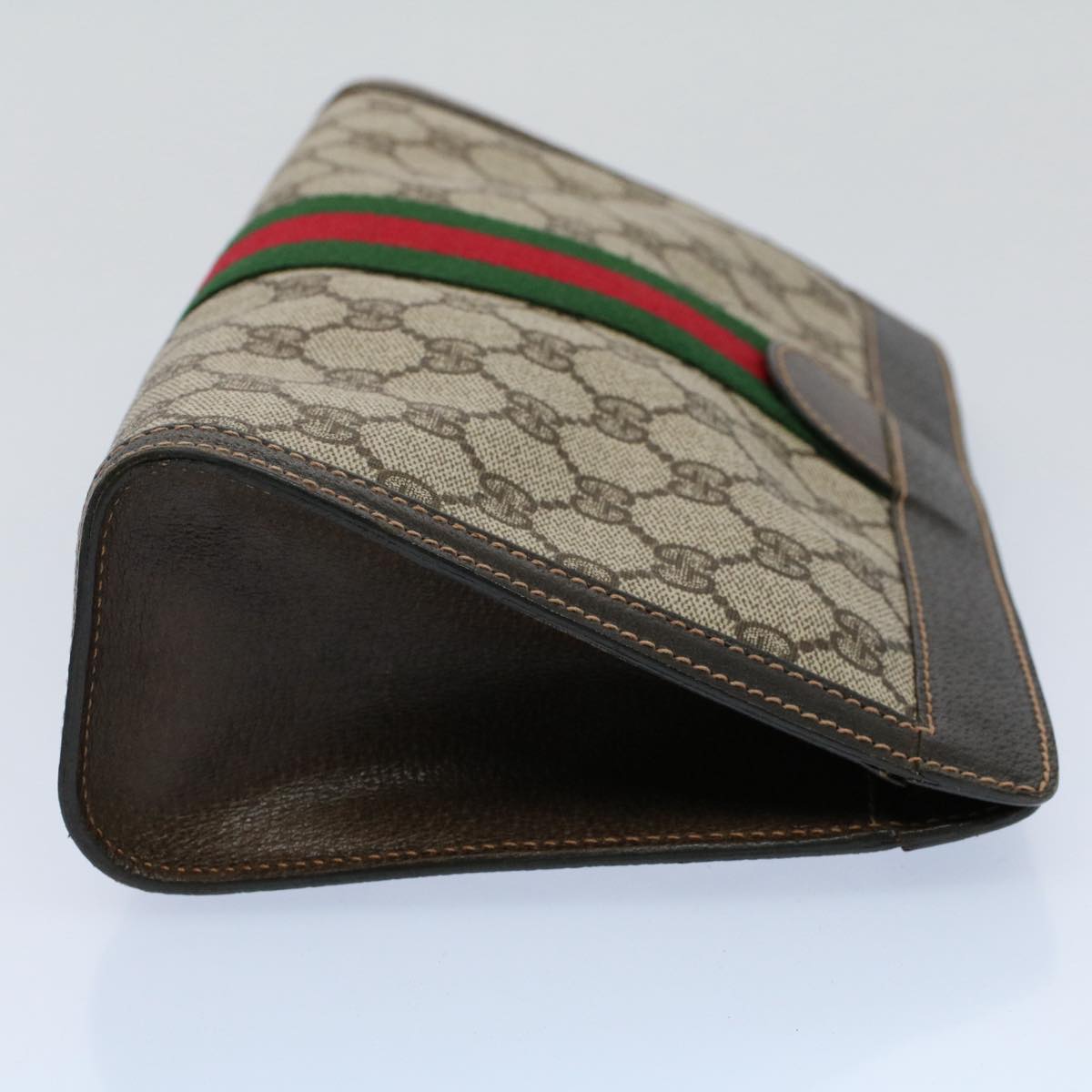 GUCCI GG Canvas Web Sherry Line Clutch Bag PVC Leather Beige Red Auth th4035