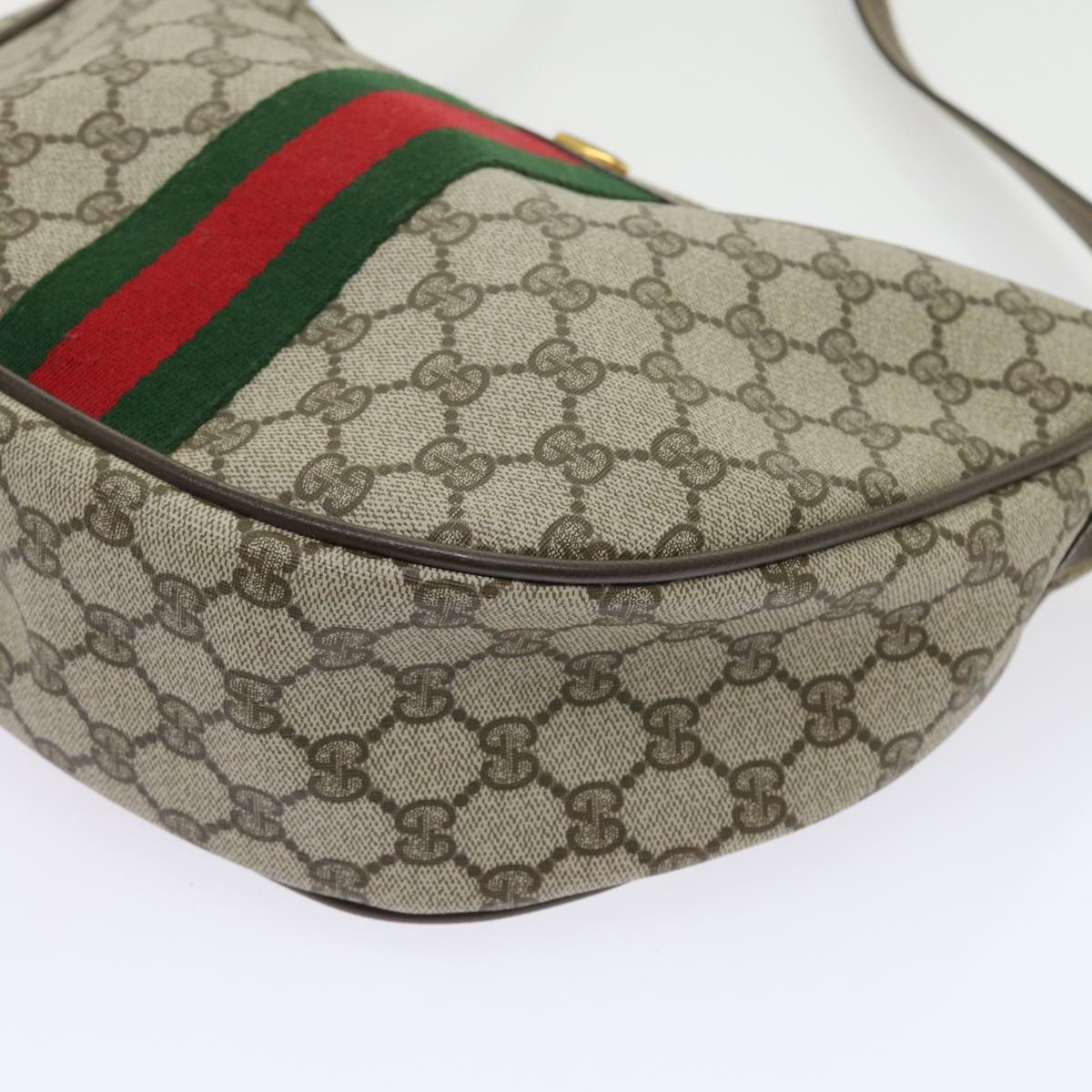 GUCCI GG Canvas Web Sherry Line Shoulder Bag PVC Leather Beige Green Auth th4066